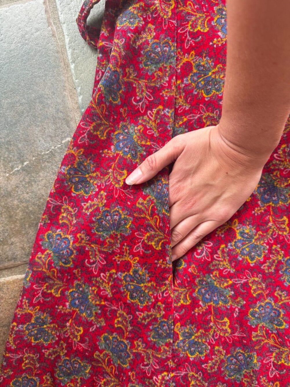 Vintage Handmade Red Floral Corduroy Dress With Ruffle Sleeves & Tie Waist - Swe - Picture 5 of 9